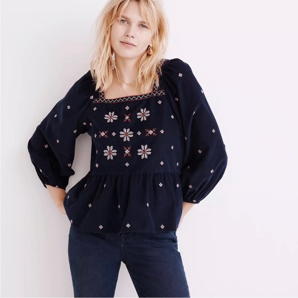 Madewell embroidered babydoll peplum corduroy top - Picture 1 of 5